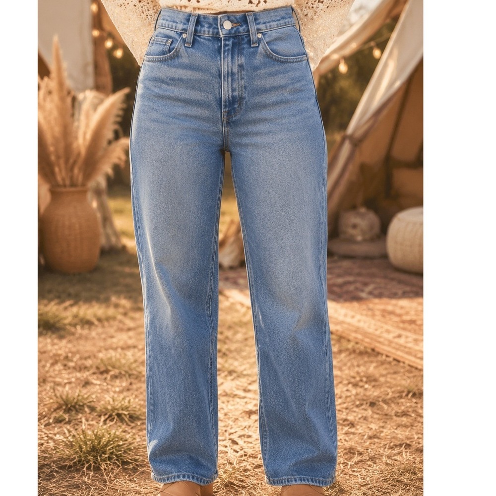 Madewell Womens High Rise Straight Leg Jeans Medium Wash Blue Distressed Hem